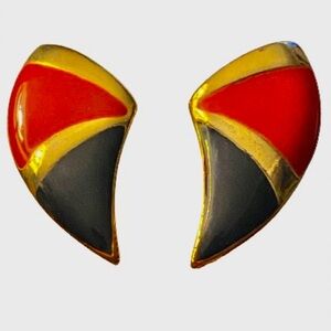 Vintage 80s Red & Black Enamel Gold Tone Metal Stud Earrings Ralph Lauren